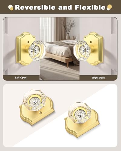 Gobrico Privacy Door Lock Sets Crystal Knobs Heavy Duty Door Hardware,Keyless Bath/Bed Door Knobset with Lock Inside,Push Pin Button,Satin Brass/Gold Arched Rosette,5 Pack - color: Satin Brass