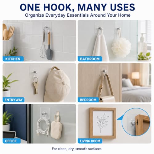 Adhesive Wall Hooks Heavy Duty, No-Drill Clear Hooks for Bathroom and Kitchen, Water-Resistant Holders for Towels, Keys and Small Accessories, 10 Pack