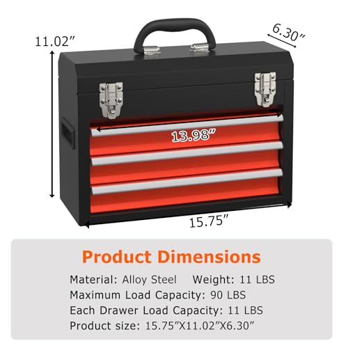Portable Metal Tool Box with Drawers, Latches Tool Box with EVC Liners for Garage, Home and Workbench (Blackred) - color: Blackred