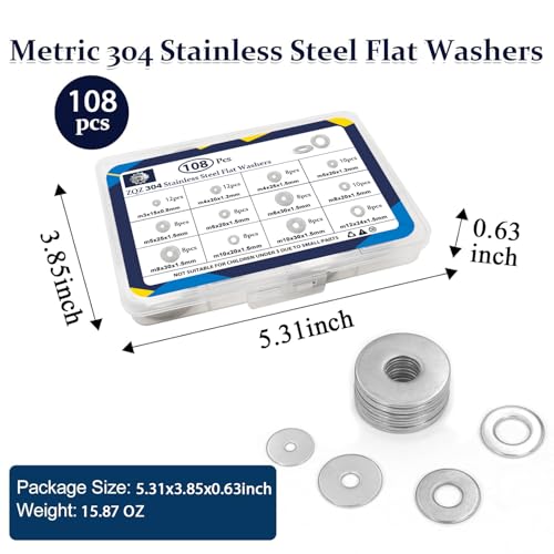 ZQZ 180Pcs Stainless Steel Flat Washers Assortment Kit;Fender Washer M3-M12 - size: 12 Sizes 108 Pieces