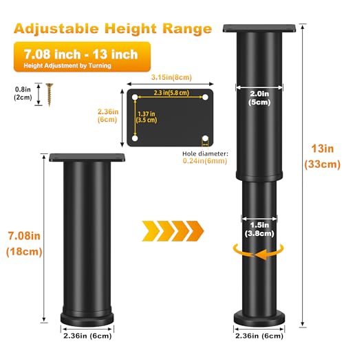 Wlrrcwdttc 4 Pcs Adjustable Bed Support Legs for Bed Frame/Bed Center Slat, Metal Adjustable Furniture Legs 7.08-13 inch for Bed/Sofa/Cabinet/Couch/Dresser/Table, Thickened Heavy Bed Replacement Legs