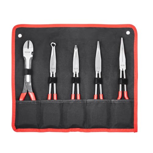 VEVOR 5-Piece Needle Nose Pliers, 11 in Long Needle Nose Pliers Set, Diagonal Cutting Pliers, 45°/ 90° Bent Nose Plier, Round Nose Plier, Long Nose Plier, Professional Pliers Set with Storage Bag - size: 11inch, style: 5pcs