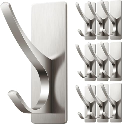 10 Pack Self Adhesive Towel Hooks: Extra Strong 13LB, Stainless Hook for Hanging Loofah, Towels, Coat, Bath Robe Bathroom Shower, Brushed Nickel - color: Brushed Nickel, size: 10 Pack
