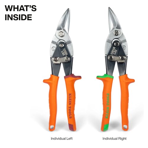 Klein Tools 80198 Aviation Snips Kit, Left and Right Metal Shears Set, 18 Gauge Steel Cutting, Serrated Blades, Self-Open Lock, Professional Tin Snips - style: 2-Pc Kit Left & Right Cutting
