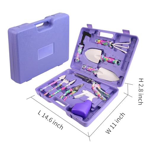 Garden Tools Set, JUMPHIGH 10 Pieces Gardening Tools with Floral Print, Ergonomic Handle Trowel Rake Weeder Pruner Shears Sprayer, Garden Hand Tools with Carrying Case Gardening Gifts for Women Father - color: Purple