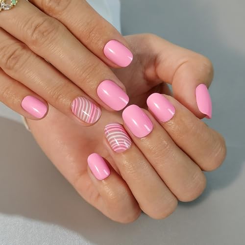 CurvLife Extra Short Wave Design Press On Nails, Pink Ripple Pink, Soft Gel - color: D2 - Pink ripple