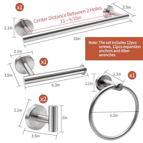 5pcs Bathroom Hardware Set, Brushed Nickel Bathroom Hardware Set, Including 16" Hand Towel Bars, Toilet Paper Holders, Towel Rings, Robe Towel Hooks - color: 5pcs 16" Brushed Nickel