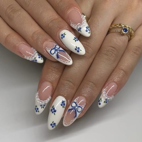 LPOODDNU Blue White Press on Nails Almond - Medium Blueberry Lace French Pearl Design Fake Nails, Glossy Finished Reusable False Nails with Adhesive Glue Tabs - 24Pcs Nail Kit for Women Manicure - color: blue white blueberry