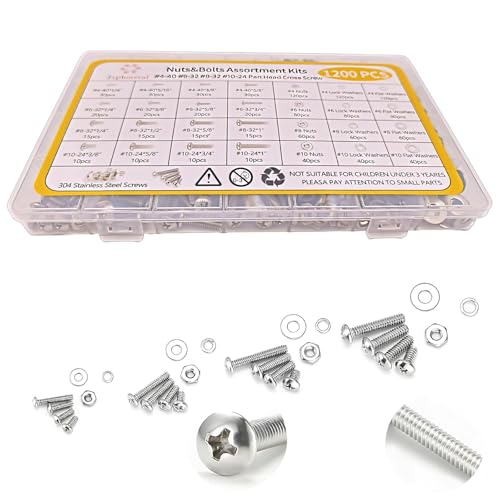 Jyphorixal 1200 Pcs Screw and Bolt Assortment Kit, #4-40#6-32#8-32#10-24 Assorted Phillips Pan Head Cross SAE Screws with Nuts and Washers, 304 Stainless Steel,Bolts and Nuts Kit