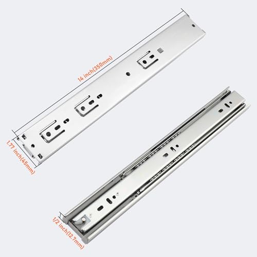 Probrico 1 Pair 14 Inch Rear/Side Mount Drawer Slides with Rear Mounting Brackets, Heavy Duty Ball Bearing Soft Close Drawer Glides, 3 Folds Full Extension Dresser Drawer Runners - size: 14 Inch
