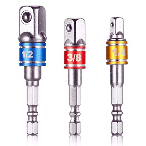 CIGOTU Impact Grade Socket Adapter/Extension Set Turns Power Drill Into High Speed Nut Driver,1/4-Inch Hex Shank to Drive for Adapters to Use with Drill Chucks, Sizes 1/4" 3/8" 1/2", Cr-V, 3-Piece - color: 3p*color