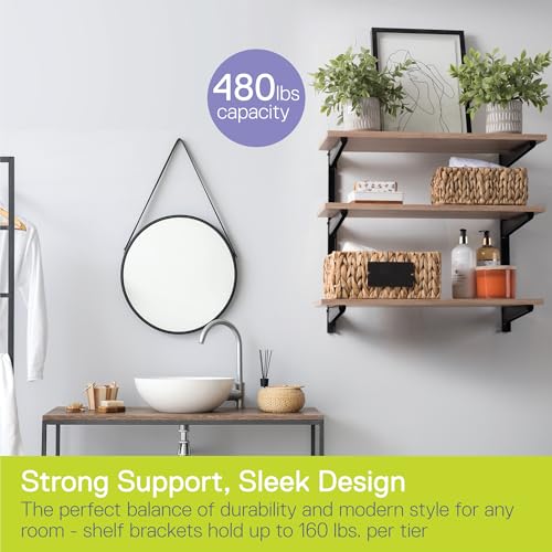 Minimalistic Black Shelf Brackets by Delta Cycle, Set of 6 Fully Adjustable 12-inch Heavy Duty Shelf Brackets, Holds Up to 480 lbs, Modern Shelf Bracket for Wood Shelves - style: 12" Black 3-Tier Heavy Duty Rack