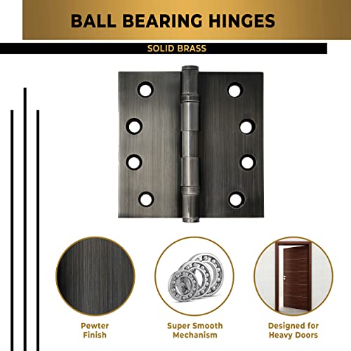 Solid Brass Door Hinge Heavy Duty Ball Bearing Polished 4x4 Inch - Set of 2 Hinges (Pewter) - color: Pewter