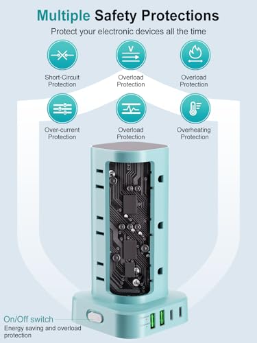 6FT Power Strip Tower Surge Protector, 12 Wide Spaced Outlets, 4 USB - color: Blue, size: 6FT without Wireless Charging