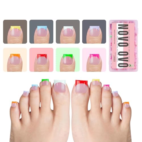 NOVO OVO French Tip Toe Nail Tips 8 MIXED SUMMER COLOR, Sharp Square Soft Gel False Toenail Extension, Need Builder Gel & Top Coat, no Glue Included, Full Cover Acrylic for DIY x 15 Sizes 240 pcs - color: Sharp Square French Tip 8 Summer Colors