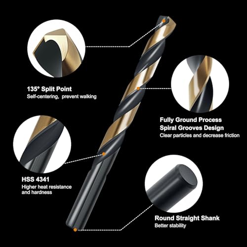 29Pcs Cobalt Drill Bit Set, 135 Degree Tip High Speed Steel with Black and Gold Finish, Stainless Steel, Plastic and Wood with Metal Indexed Storage Case 1/16"-1/2" - style: 4341-29pcs