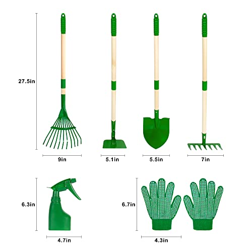 Duckura Kids Gardening Tools Set - 7pcs Garden Tool for Kids | with Shovel, Rake, Hoe, Leaf Rake, Outdoor Yard Lawn Digging Weed Toys, Birthday Gifts for Boys Girls Age 2 3 4Years Old - color: green