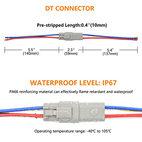 2 Set 6 Pin DT Deustch Waterproof Automotive Electrical Butt Connector with 16AWG -40℃-105℃ 600V Wires and Heat Shrink Tubes Connectors Kit for Car Truck Boat (E 6Pin Wiring 2Pair)