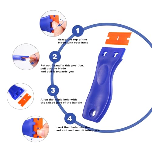 4 PCS Plastic Razor Blade Scraper and 120 PCS Plastic Razor Blades, Cleaning Scraper Tool for Remover, Adhesive, Stickers, Decals, Glass, Labels, Cars Windows
