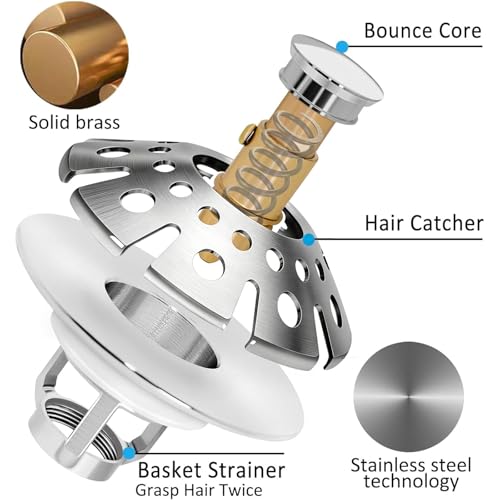 AzWzz Bathroom Sink Drain Strainer, 3 in 1 Pop Up Bathroom Sink Stopper - color: Brushed Nickel