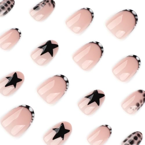 Short Almond Press On Nails Black with Y2K Star Crocodile Print - color: Style22
