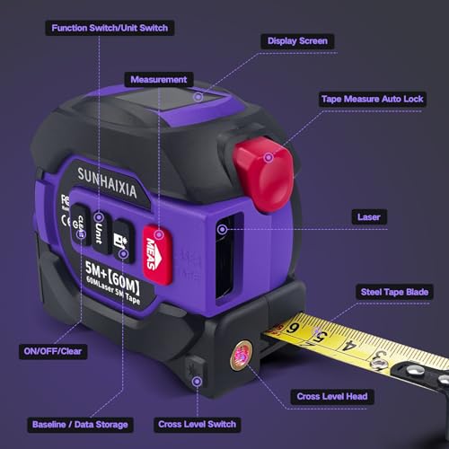 3 in 1 Digital Laser Tape Measure 197ft/60m Laser Distance Meter LCD - color: Purple-196ft