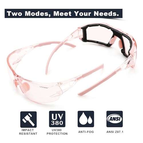 UKNOW Safety Glasses - Anti Fog Wraparound Lenses - Removable Foam Gasket - ANSI Z87.1 Protective Eyewear - Impact Resistant - color: Melon Pink With Light Tint