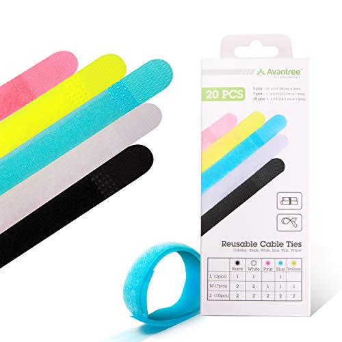 Avantree Cable Ties - 20-Pack Reusable Cord Organizers, 3 Sizes