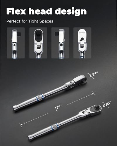 toolant 1/4" Drive Flex Head Ratchet Wrenches, 90 Tooth Compact Flex Head Socket Ratchet Wrench, 7 Inch Length - size: 1/4"(7inch), style: Flex-head Ratchet