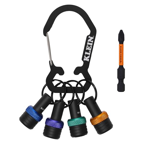 Klein Tools K33850 5-Piece Bit Holder Keychain Set, Organizes and Stores 1/4-Inch Hex Driver Bits, Carabiner Attachment, Colored Bands for Easy Identification