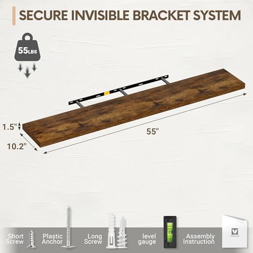 Vivelove 10 Inch Deep Floating Shelves for Wall 55” Set of 2, Rustic Brown - color: Rustic Brown, size: 55”wx10.2”dx1.5”h