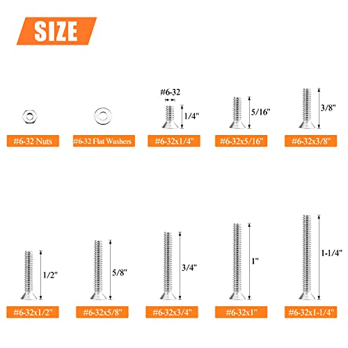 HELIFOUNER 250 Pieces #6-32 x 1/4" 5/16" 3/8" 1/2" 5/8" 3/4" 1" 1-1/4", Countersunk Head Socket Cap Screws Bolts Washers Nuts Kit, Coarse Thread, Fully Machine Threaded, 304 Stainless Steel - size: #6-32, style: Countersunk Head