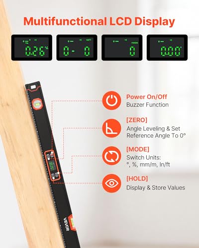 VEVOR Digital Level, 48 in Length, Magnetic Electronic Level with LED Backlit Display, 360° Electronic Leveler Tool with 0°/45°/90° Bubble Vials, IP54 Rating for Construction Carpentry Home Renovation - size: 48 inch Single