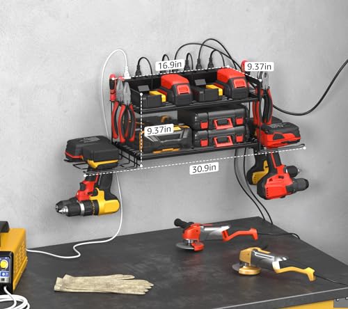 CCCEI Garage Tools Storage with Charging Station. Power Tool Battery Organizer Utility Shelf with Power Strip. 4 Drills Holder Wall Mount Rack, Black. - size: Small, style: 2 Layer