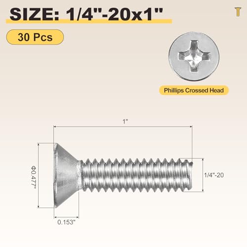 METALLIXITY 1/4"-20x1 Phillips Flat Head Bolts 304 Silver 30Pcs - color: Silver, size: 1/4"-20x1"