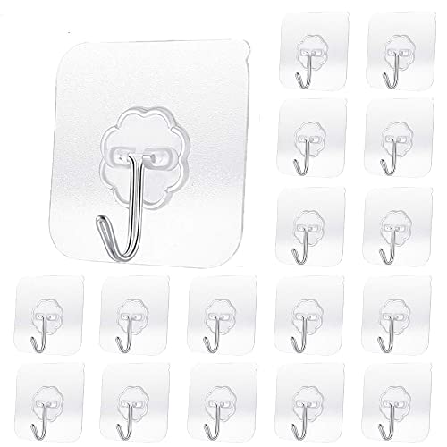 Transparent Adhesive Hooks 30 lb(Max), Waterproof & Oilproof Reusable Seamless Hooks, Heavy Duty Wall Hook for Kitchen Bathroom Office (20), (20hook), 2.36
