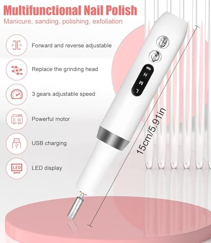 Nail Drill Kit,Nail File Cordless Nail Drill Machine for Gel Powder Nails,Professional Portable Manicure Pedicure Rechargeable Lightweight for Home Salon Use