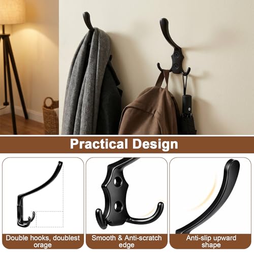 8 Pack Large Coat Hooks, Heavy Duty Three Prong Black Metal Wall Hooks - color: Black, size: 8PCS