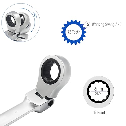 6mm Flex-Head Ratcheting Combination Wrench, 6mm Metric - size: 6mm