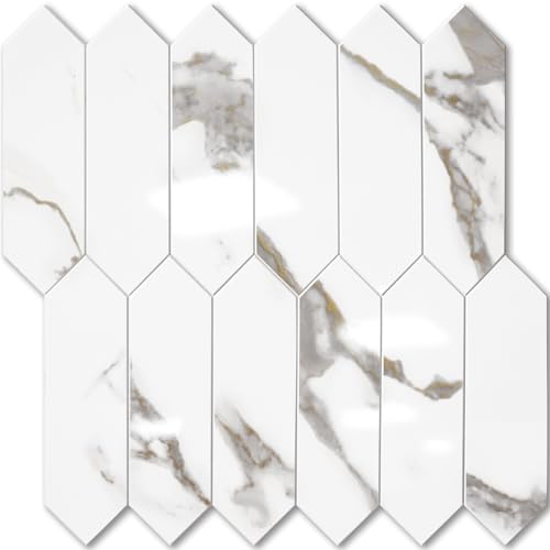 Vamos Tile Glossy White Marble with Gold Veining Backsplash Tile Peel and Stick, 12.8 x 12.8 Inch 10 Sheets Long Hexagon PVC Self Adhesive Mosaic Tiles Stick on Backsplash for Kitchen and Bathroom - color: White Marble with Gold Veining