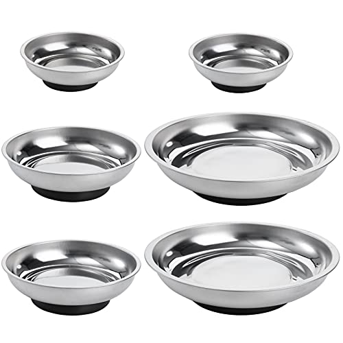 Hedume 6-Piece Magnet Trays Set, 3" 4" 6" Round Magnetic Parts Tray, Stainless Steel Magnetic Trays Tools Parts Tray Holder for Socket Screw, Nuts, Bolts, Metal Parts