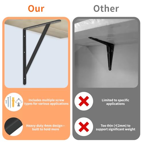 Heavy Duty Shelf Brackets 12 x 8 inch, 6 Pack Wall Shelf Brackets with 90 Degree Triangle, Black Metal L Brackets, Shelves L Brackets(300x190mm)