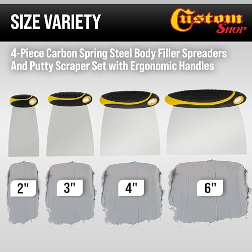 Custom Shop 4-Piece Carbon Spring Steel Body Filler Spreaders | Putty Scraper Set with Ergonomic Handles 2”, 3”, 4”, 6”
