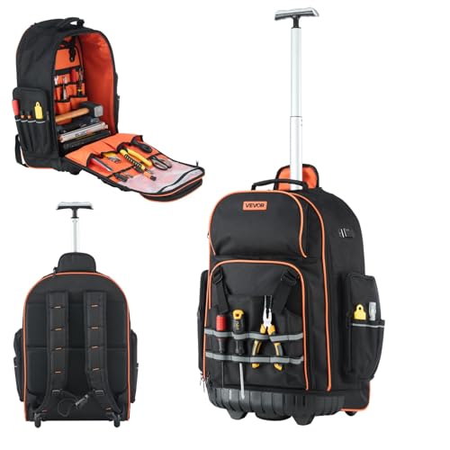 VEVOR Rolling Tool Backpack, 110 lbs Load Capacity, 72 Pockets Heavy Duty Roller Tool Bag on Wheels, Adjustable Telescoping Handle & Stable Base, Toolbag Organizers for Construction, Mechanic - size: 72 Pockets + Rolling