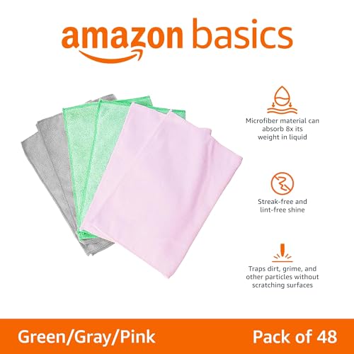 Amazon Basics Microfiber Cleaning Cloths, Ultra Absorbent, Scratch-Free, Non-Abrasive, Reusable and Washable, 16" x 12", Green/Gray/Pink, 48-Pack - color: Green/Gray/Pink, size: 48-Pack