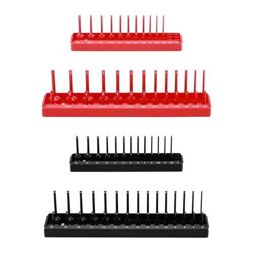 1/4-Inch & 3/8-Inch Drive Socket Organizer Trays, 4-Piece SAE and Metric Socket Tray Set, Deep and Standard Socket Holders Organizers for Toolbox, Black & Red - size: 1/4 & 3/8-Inch SAE and METRIC