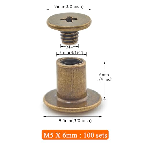 100 Sets Bronze Chicago Binding Screws Assorted Kit Nail Rivet Chicago Button DIY Leather Decoration Bookbinding Round Cross Head Stud Screw (Bronze 3/16" x1/4"-50 Sets) - size: Bronze-3/16"*1/4"-100