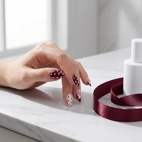Short Almond Press On Nails Red White with Y2K Star Polka Dot - color: Style20