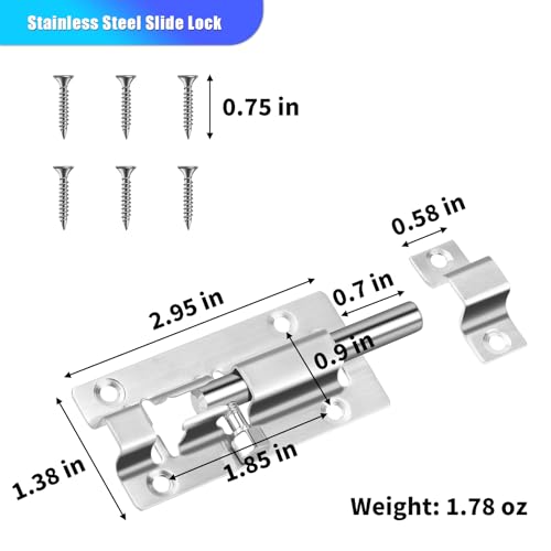 INBOF 6 Pack Slide Lock, 3 Inch Barrel Bolt Latch, Premium Door Latch Lock with 36 Screws, Stainless Steel Slide Locks for Inside Door - color: Silver - 6 Pack