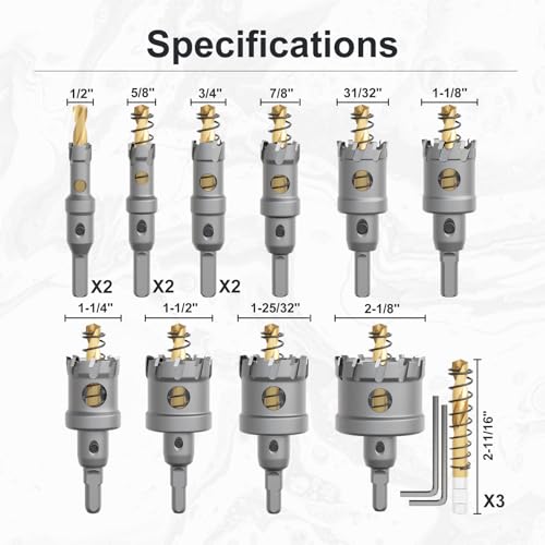 CSOOM 18 Pcs Carbide Hole Saw Kit for Metal, 1/2"-2-1/8" Heavy Duty TCT Hole Cutter Drill Bits Set for Stainless Steel, Iron, Aluminum, Metal and Carbide